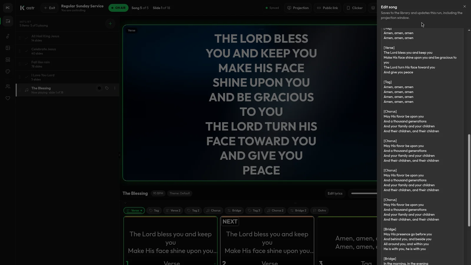 Kastr song editor with lyrics labelled Verse, Chorus and Bridge beside the slide strip