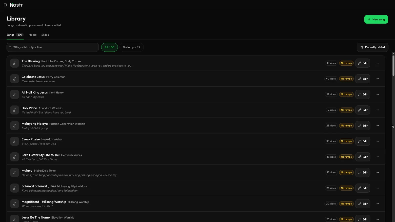 Kastr song library listing church songs with artists, first lines and slide counts