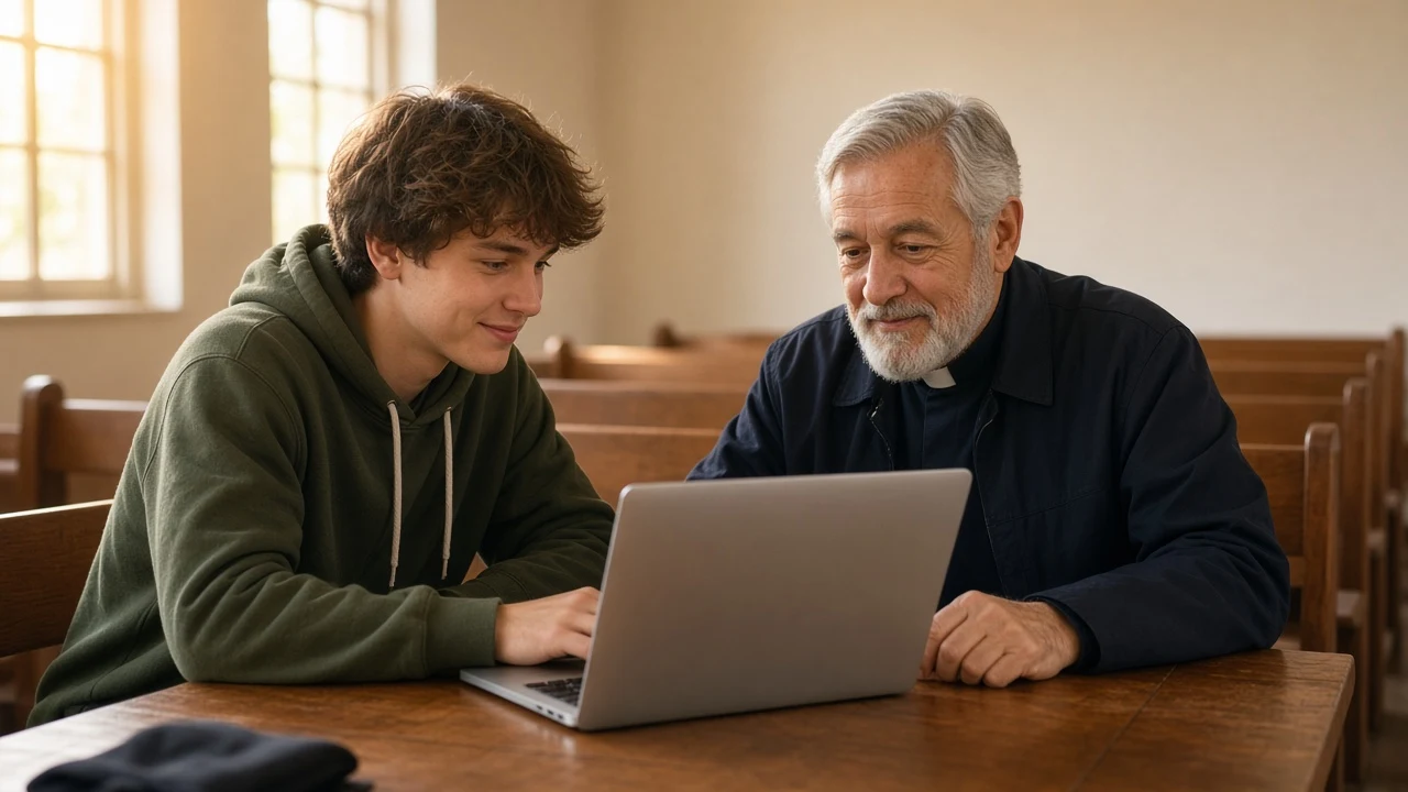 Church media volunteer reviewing lyrics slides before Sunday service