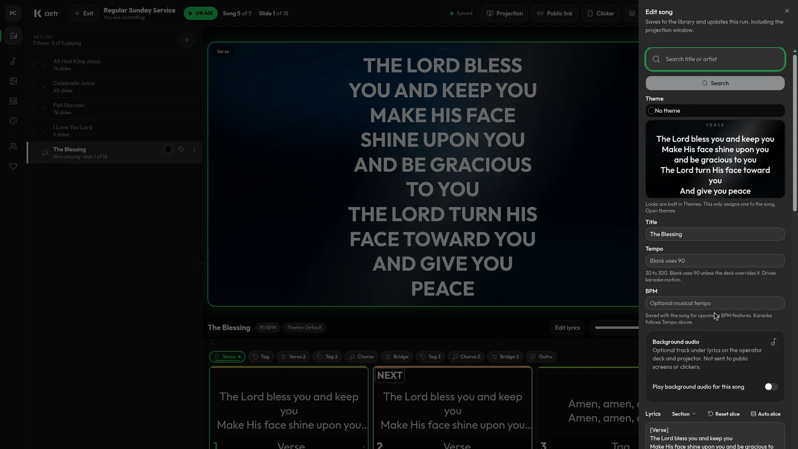 Kastr operator deck mid-song with the quick song editor open for live changes