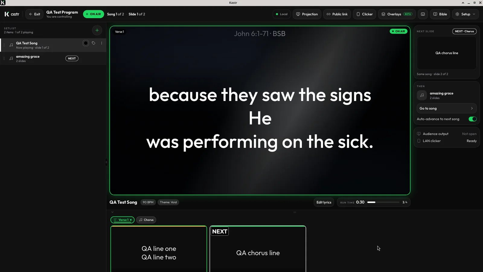 Kastr desktop app running offline with a setlist, slide strip and live preview