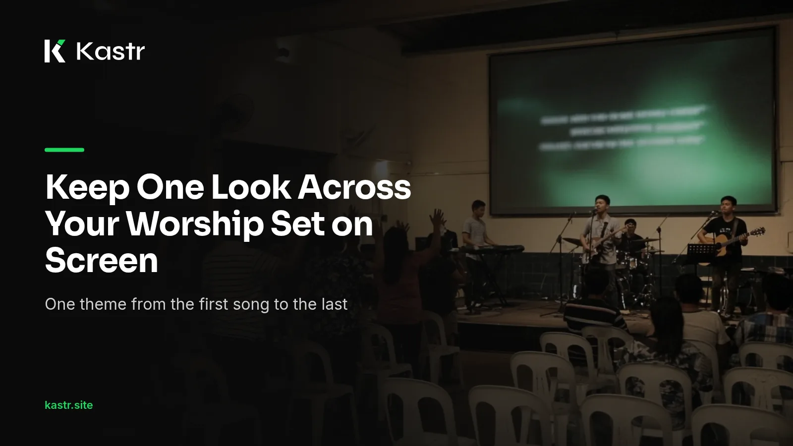 Lyrics projected on the screen at the front of a church during worship