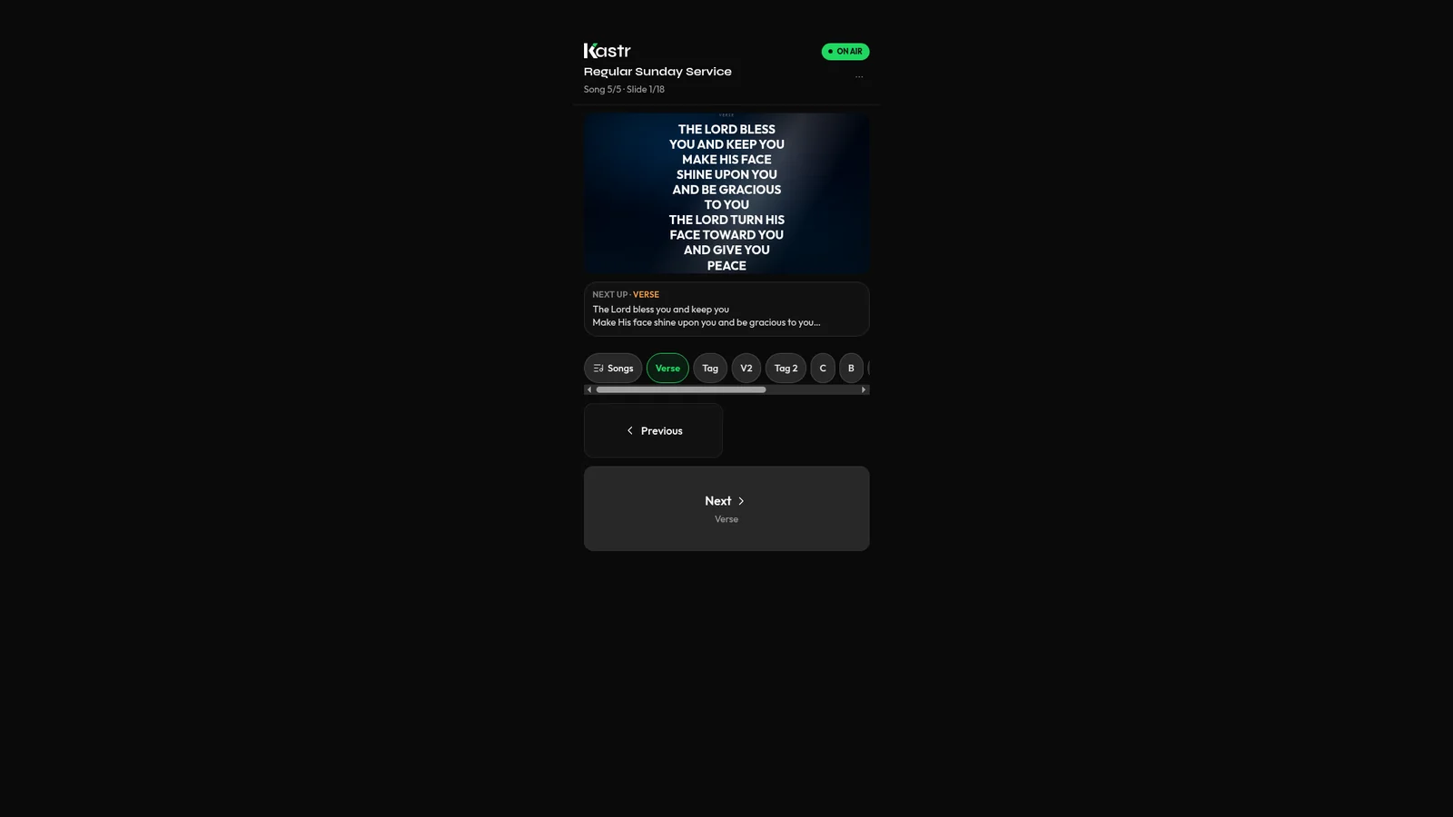Kastr phone clicker showing the current lyric slide with Previous and Next buttons