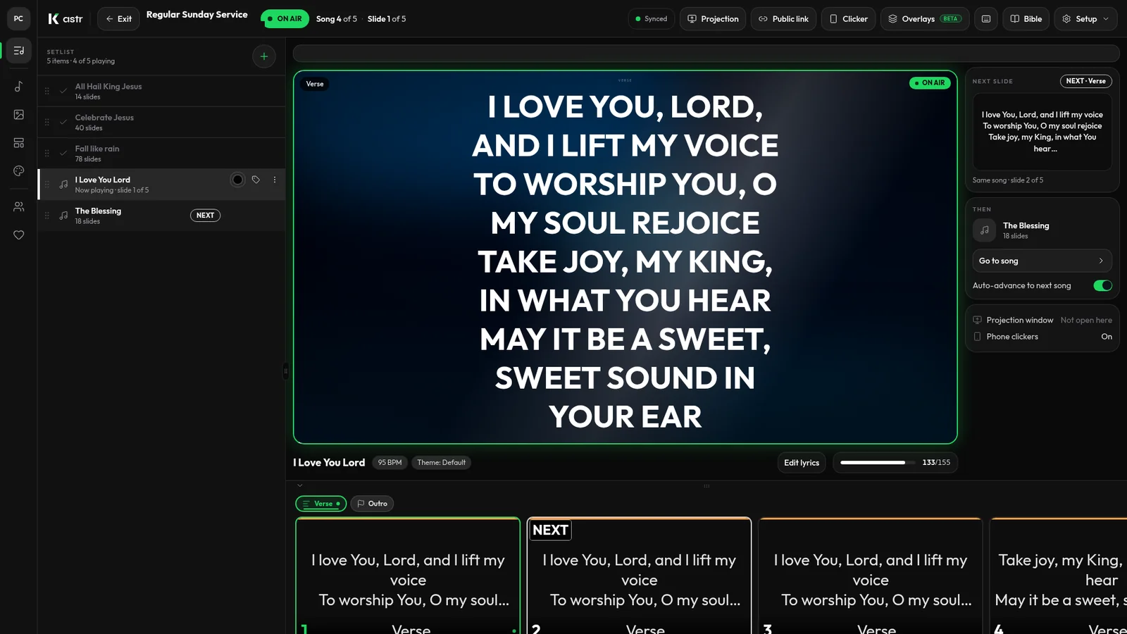 Kastr operator deck with a live preview of I Love You, Lord lyrics and the setlist beside it