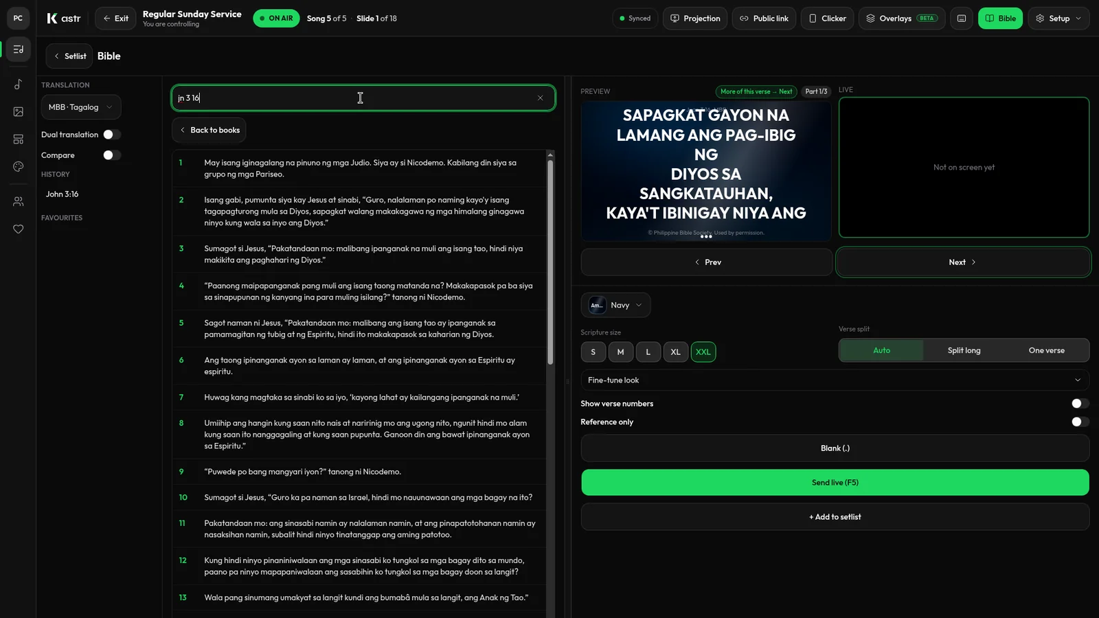 Kastr Bible mode showing Juan 3:16 in Tagalog with the live output preview