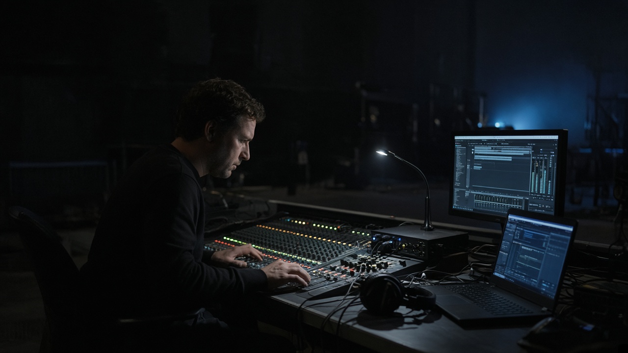 Operator at a front-of-house desk with a mixing console and a computer