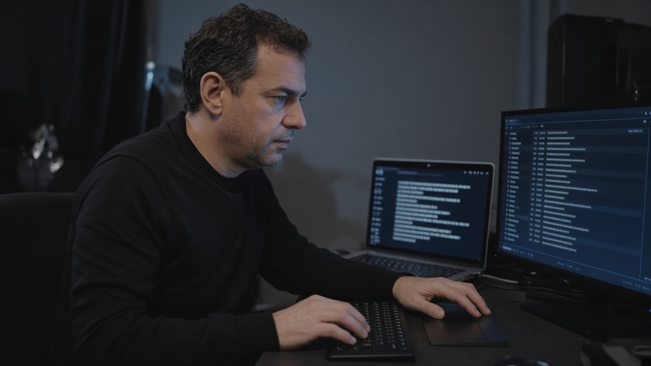 Operator at a desk running a live deck on two screens