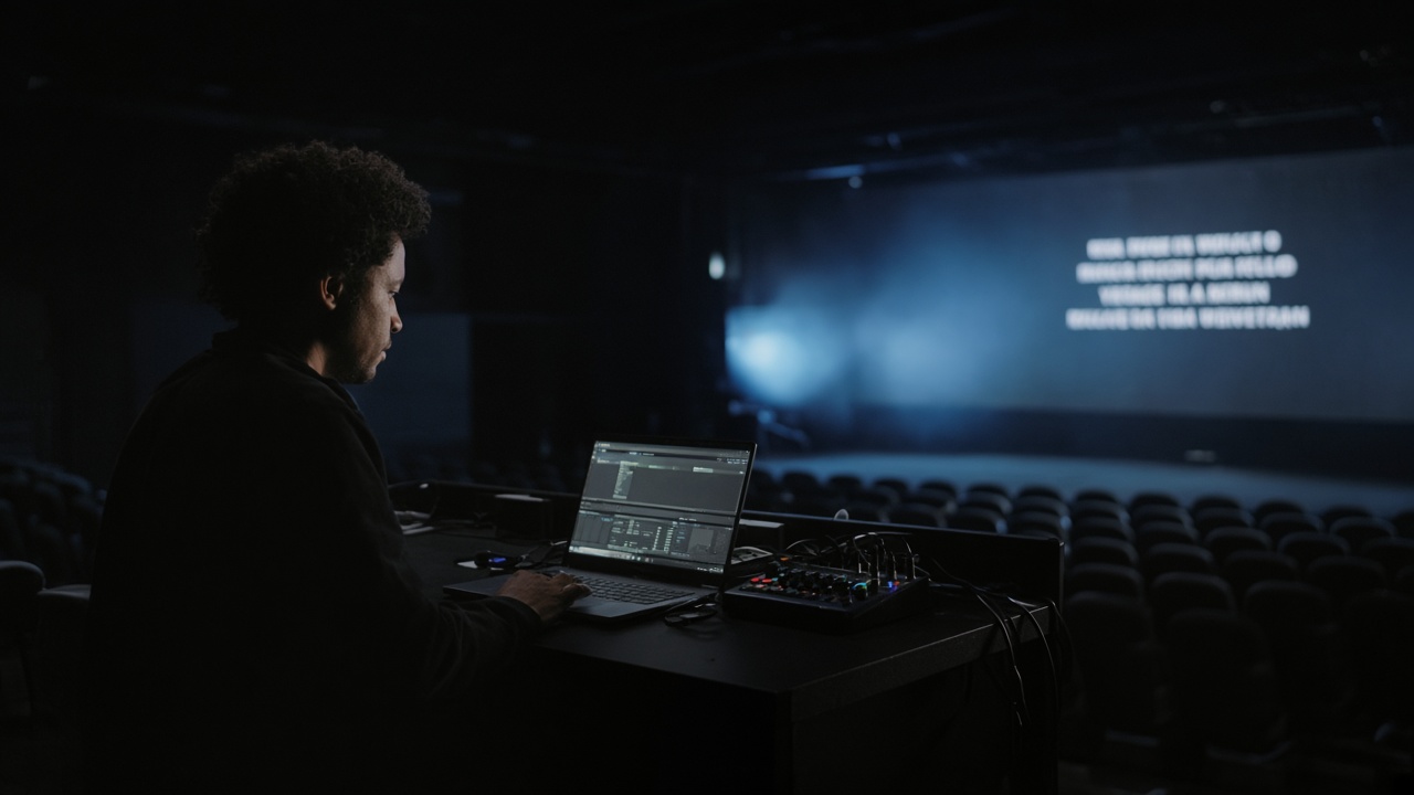 Live operator at a desk in a dark venue, with lyrics on a large LED wall