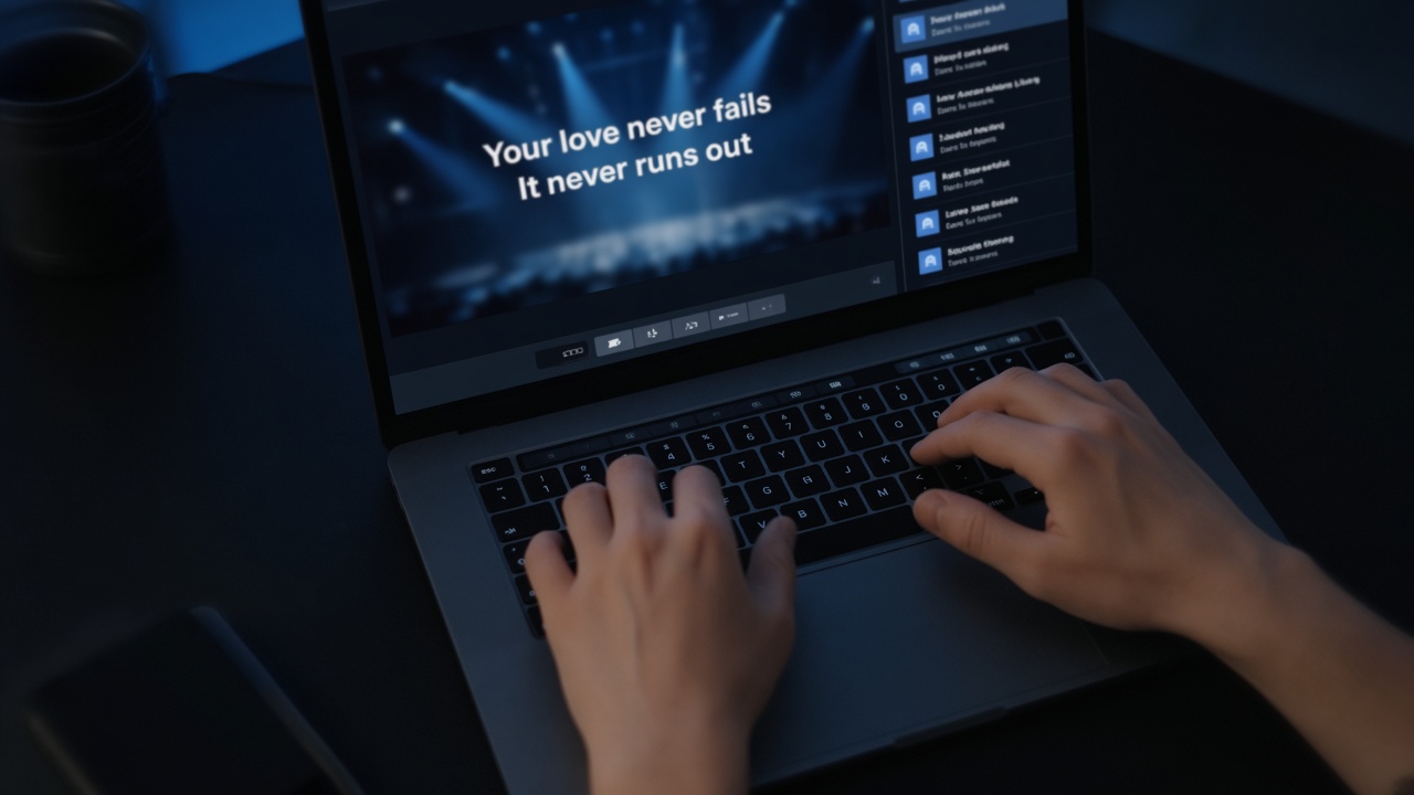 Hands on a laptop keyboard running lyrics in Kastr