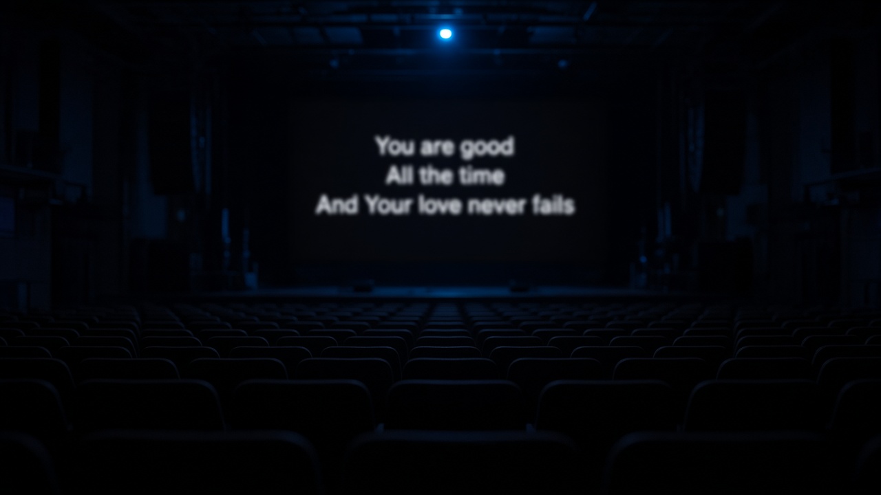 Dark auditorium with a large projection screen at the front of the room