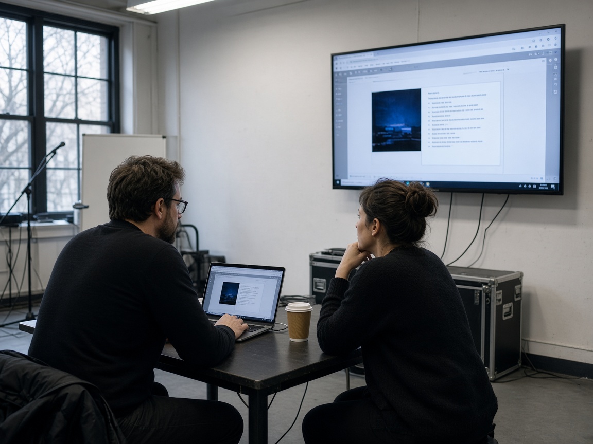Two people reviewing a Kastr setlist on a laptop and a wall screen