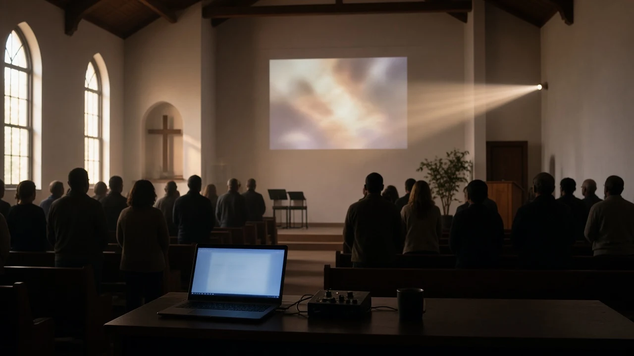 Volunteer running Kastr lyrics and scripture on a church projector screen