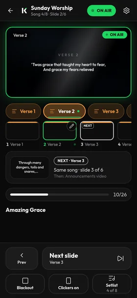 Kastr run deck on a phone, live on Amazing Grace, Verse 2