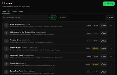 Song library sorted A to Z